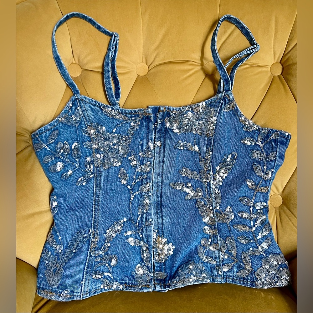 Nasty Gal Blue Denim Sequin Tank Top
